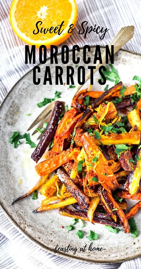 Sweet and Spicy Roasted Moroccan Carrots- with cumin, cinnamon and orange. A Delicious vegan side dish or serve over seasoned lentils for a hearty vegetarian meal. | www.feastingathome.com #carrots #roastedcarrots #moroccancarrots #vegan #vegansalad #cleaneating Moroccan Carrots Recipe, Moroccan Spiced Carrots, Roasted Purple Carrots, Middle Eastern Roasted Carrots, Middle Eastern Carrots, Mediterranean Carrots, Indian Carrots, Carrot Salsa, Seasoned Lentils