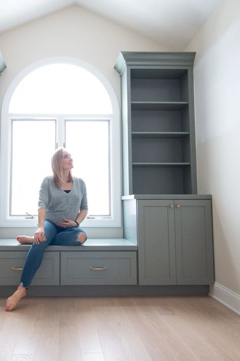 I am so happy we added custom built ins to our girls nursery. I am sharing how I came up with the design and how we installed them. Head to the blog to see the entire process on how we installed these nursery built ins. | Nursery Build-ins | Built In Bookshelves | Built In Install Nursery Drawer Organization, Sage Green Nursery, Window Seat Ideas, Window Bench Seat, Nursery Closet Organization, Office Built Ins, Simple Nursery, Diy Playbook, Window Benches