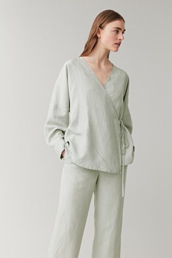 LIGHTWEIGHT WRAP TOP - Light turquoise - Tops - COS US Linen Wrap Top, Co Ords Outfits, Turquoise Top, Linen Fashion, Cut Sweatshirts, Denim Coat, Mode Inspiration, Wrap Top, Look Fashion