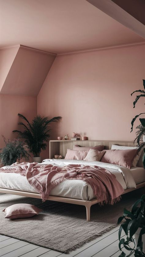 A minimalist Scandinavian-style bedroom with light pink walls, simple wooden furniture, and cozy pink and gray accents, creating a clean, warm, and inviting space. Pink Bedroom Ideas, Unique Themes, Scandinavian Bedroom, Pink Bedrooms, Blush Tones, Bedroom Style, Contemporary Chic, Functional Space, Pink Bedroom