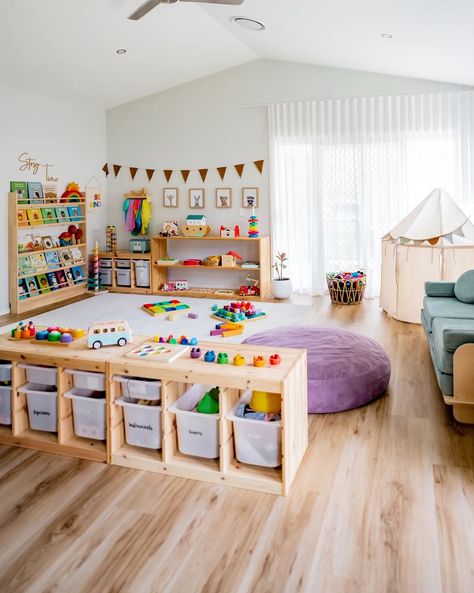 Playroom things 💕 I too, wonder when I will ever finish labelling my trofast tubs. Maybe never? Time will tell 🤪 #playroom #playroominspo… | Instagram Playing Area In Living Room, Play Room And Toddler Bedroom, Playroom For Boy And Girl, Vaulted Ceiling Playroom, Trofast Play Table, Simple Playroom Ideas Easy Diy, Playarea Kids Livingroom, Gym Playroom Combo, Primary Color Playroom