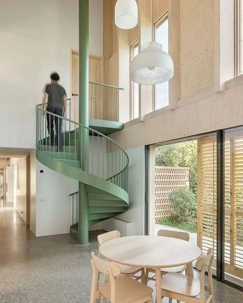 Double Height Living Room, Sustainable Construction, Girona Spain, Double Height, Casa Container, Design Del Prodotto, Spiral Staircase, Staircase Design, Stairs Design