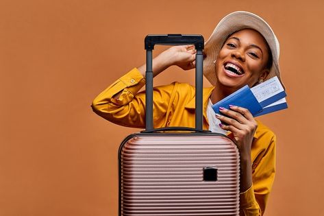 Woman in a white hat in a yellow jacket ... | Premium Photo #Freepik #photo #luggage #luggage-bag #suitcase #baggage Flyers Background, Pop Photography, Stock Photos People, Big Finger, Pc Design, Adobe Photoshop Design, Social Media Branding Design, Food Photoshoot, Human Icon