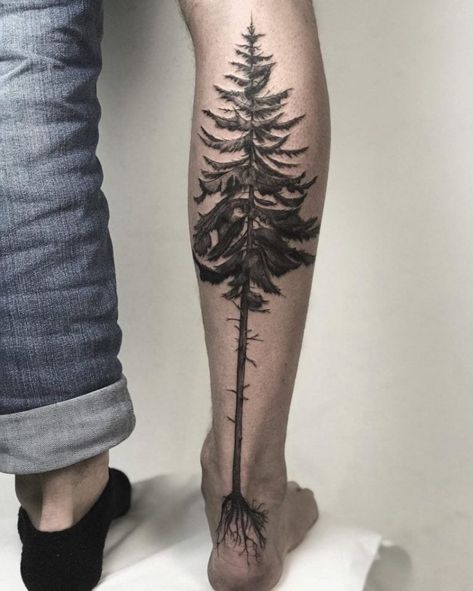 60 Best Tree Tattoos that will Heal Your Body and Soul in 2021 Tree Tattoo Calf, Tree Tattoo Green, Tree Leg Tattoo, Tree Tattoo Ideas, Simple Tree Tattoo, Pine Tattoo, Medium Size Tattoos, Tree Tattoo Men, Roots Tattoo