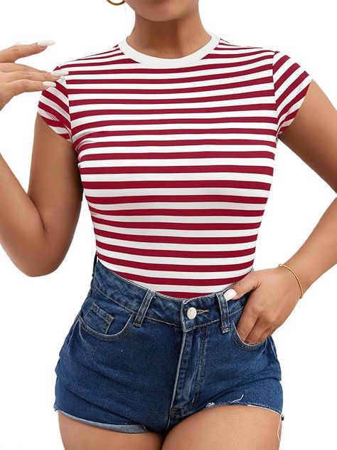 LilyCoco Women's Striped Tshirt Cap Short Sleeve Tops Crew Neck Fitted Summer Shirts Red White Striped Large at Amazon Women’s Clothing store Midnight Poppyland, Striped Tshirt, Striped Shirt Women, Stripped Tops, Short Sleeve Tops, Red And White Stripes, Amazon Women, Summer Shirts, Striped Shirt