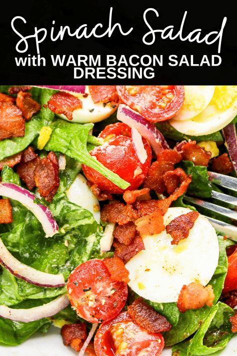 Spinach Salad with Warm Bacon Salad Dressing Spinach Salad Recipes Bacon, Bacon Salad Dressing, Wilted Spinach Salad, Spinach Salad Dressing, Healthy Dressing Recipes, Simple Spinach Salad, Healthy Lunch Salad, Parmesan Salad, Bacon Dressing