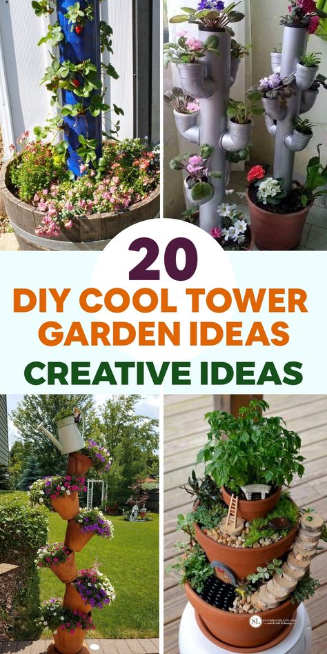 Are you interested in a practical gardening idea that saves space? Consider creating your own tower garden using DIY techniques! Utilize PVC pipes or repurposed materials to craft a vertical structure with various tiers for cultivating herbs, veggies, or blooms. Embrace sustainable living by allowing your garden to flourish vertically, optimizing small spaces and giving your home a contemporary and innovative flair. Garden Tower, Diy Vertical Garden, Tower Garden Diy, Flower Pot Tower, Irrigation System Diy, Diy Terra Cotta Pots, Deer Resistant Flowers, Strawberry Tower, Tree House Diy