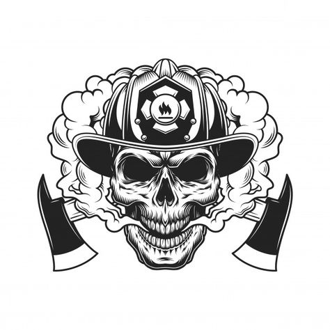 Firefighter skull and crossed axes | Free Vector #Freepik #freevector #logo #vintage #cloud #fire Firefighter Skull, Firefighter Cross, Fire Dept Logo, Firefighter Logo, Firefighter Tattoo, Fireman Helmet, Fire Fighter Tattoos, Skull Fire, Protection Logo