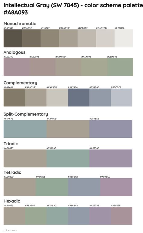 Sherwin Williams Intellectual Gray (SW 7045) Paint coordinating colors and palettes Intellectual Gray Coordinating Colors, Intellectual Gray Sherwin Williams, Sherwin Williams Intellectual Gray, Gray Coordinating Colors, Gray Sherwin Williams, Draw A Hexagon, Intellectual Gray, Pantone Color Guide, Color Generator