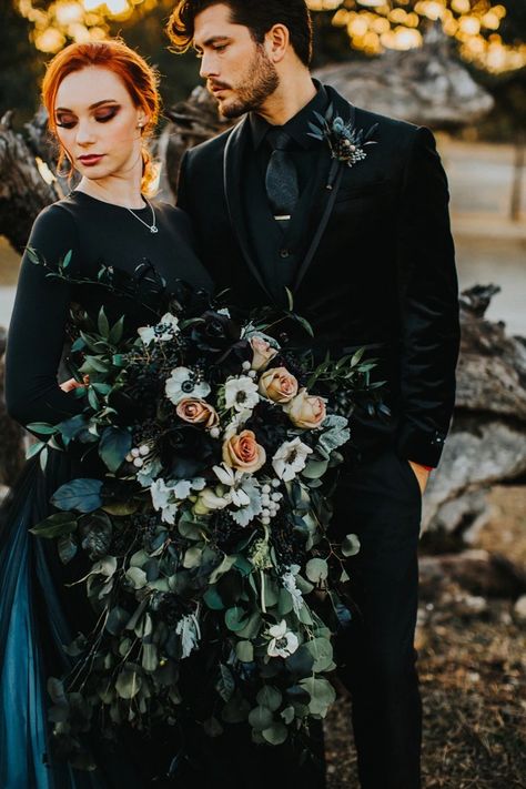 How To Have A Dark And Dramatic Themed Wedding Goth Wedding Groomsmen, Goth Groomsmen, Dark Suits For Men Wedding, Dark Spring Wedding, Dark Theme Wedding, Black Weddings, Dark Wedding Theme, Groom Wedding Attire, Goth Wedding