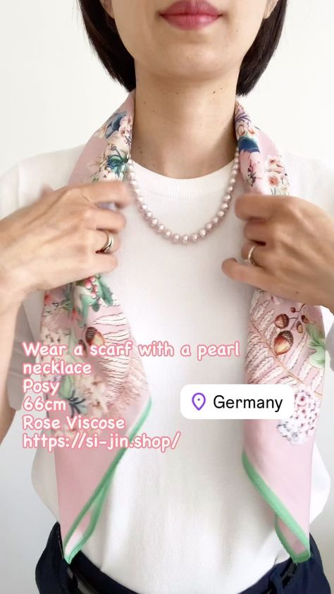 Si-jin_Scarf | Pearl necklace with scarf. Perfect match. Posy - 66 x 66 cm - 100% viscose (from rose petals), smell like rose - Both sides… | Instagram Scarf And Pearl Necklace, Scarf With Pearls, Wearing Pearls, Wear A Scarf, How To Wear A Scarf, Scarf Tying, How To Wear Scarves, Silk Scarves, Rose Petals