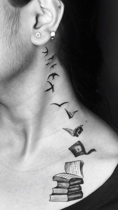 Book To Bird Tattoo, Book Tattoo Behind Ear, Intellectual Tattoos, Mari Tattoo, Booklover Tattoo, Tattoo Monster, Memories Tattoo, Freedom Tattoo, Behind Ear Tattoos