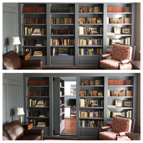 Book Shelf With Hidden Door, Concealed Door Bookshelf, Office With Hidden Door, Secret Entry Hidden Rooms, French Door Bookshelves, Secret Door To Library, Secret Spaces In Home Hidden Doors, Secret Office Door, How To Make One Big Room Into Two Rooms