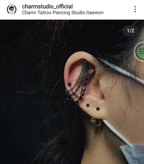 An ear featuring black ball ends in the lobe, helix, and vertical helix, and a black gem high lobe. The vertical helix is connected to the helix by a thick black chain and two thinner dark green chains. A silber snake hangs from the lobe. Black Ear Curation, Ear Piercing Ideas Black, Ear Curation, Ear Piercing Ideas, Black Jewellery, Accessory Inspo, Black Gems, Piercing Ideas, Ear Piercing