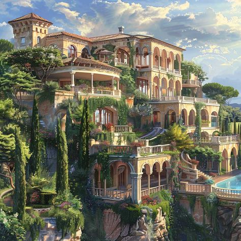 Mediterranean Style Mansion Dreams Unleashed with Luxurious Living • 333+ Images • [ArtFacade] Tree House Mansion, Mediterranean House Architecture, Mansion Fantasy Art, Fantasy Mansion Concept Art, Switzerland Mansion, Mansion Hillside, Fantasy Mansion Art, Hill House Design, Mansion On A Hill