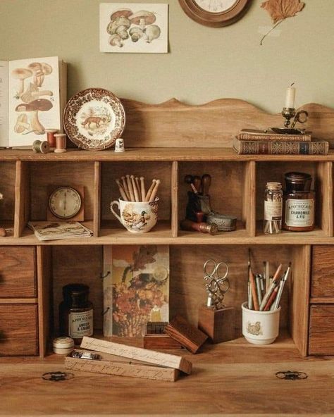 Hobbitcore Interior, Vibe Bedroom, Cottagecore Room, Cottagecore Home, Wooden Shelf, Craft Room Office, Desk Set, Room Aesthetic, Decor Vintage