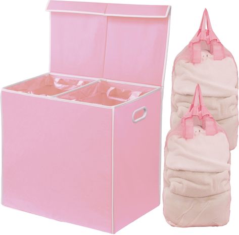 PRICES MAY VARY. Hamper with Lid : Lid secludes from smelly clothes and also keeps your dirty laundry out of sight. Durable and Lightweight: Durable polypropylene material and lightweight. Easily to move whole hamper or using laundry bag for transport. Laundry bags included: Laundry bags attached on Hamper and removable for transport from hamper to wash machine. Fits in most closet space or bathroom and collapses for easy storage Dimension: 23"Lx13"Wx22.75"H   Care Guide: Wipe with wet cloth.  R Smelly Clothes, Pink Laundry, Double Laundry, Hamper With Lid, Double Laundry Hamper, Laundry Basket With Lid, Laundry Hamper With Lid, Large Laundry Basket, Laundry Hampers