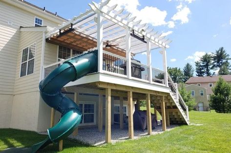 Custom Sepele TimberTech Deck / Shade Pergola – Media, PA Spiral Stairs Off Deck, Deck Slide Ideas, Double Decker Patio, Slide Off Balcony, Deck With A Slide, Slide From Deck To Yard, Large Back Deck Ideas, Lakeside Deck Ideas, Slide On Deck