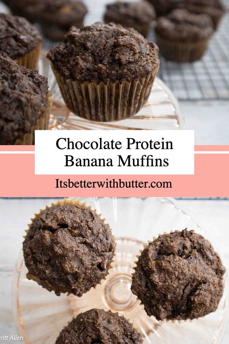 Chocolate protein muffins are a high protein breakfast option that will also satisfy your sweet tooth. Made with almond flour, your favorite protein powder, and chocolate chips! You will love this easy, and high protein breakfast option! Chocolate Banana Protein Muffins, Protein Banana Muffins, Protein Powder Muffins, Double Chocolate Banana Muffins, Chocolate Protein Muffins, Banana Protein Muffins, Protein Banana Bread, Delicious Muffins, Cinnamon Roll Muffins