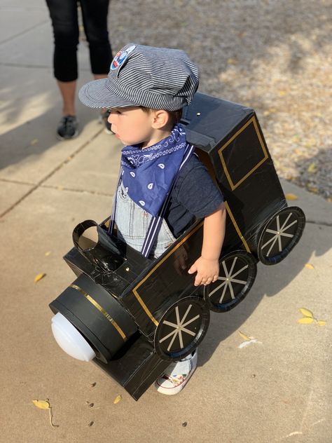 Halloween Train Costume, Train Halloween Costume Toddler, Cardboard Train Costume, Diy Train Costume, Diy Train Costumes For Kids, Train Costumes For Kids, Tow Truck Costume, Polar Express Costume, Train Halloween Costume