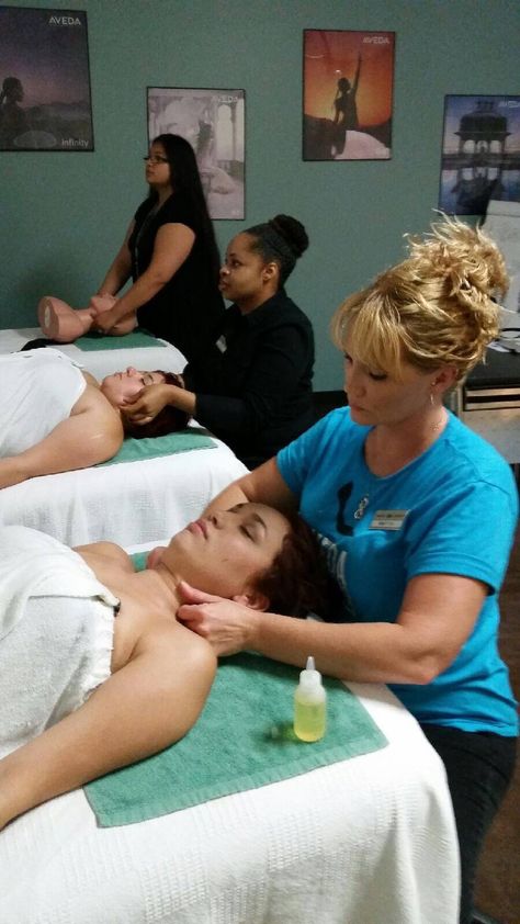 Our esthiology students learning massage techniques. Massage School, Massage Therapist Aesthetic, Massage Therapy Aesthetic, Massage Therapy Career, Massage Therapy School, Medical Esthetician, Aveda Institute, Massage Techniques, Massage Therapist