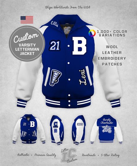 Genuine LetterCustom® Premium Authentic Handmade Letter Jacket Features: * Completely Customized Colors & Designs * Genuine Cowhide Leather Sleeves & Pocket Welts * Pill Resistant 24oz Melton Wool Body * 3/4 Zip-Out Diamond Quilted Liner (Allows For Easily Adding Future Patches) * Premium Quality Knit-Trim Striped Collar & Cuffs * Interior Chest Media Pocket * Choice of Regular Collar or Zipper Hood * Industry Leading Regular Production Time of Approx. 4 Weeks Plus Shipping from Eagl College Letterman Jacket, Letterman’s Jacket Ideas, Letterman Jackets High School, Cheerleader Letterman Jacket, Soccer Letterman Jacket Ideas, Cheerleading Letterman Jackets, Letter Jacket Patches Placement, Letterman Jacket Patches Placement, Varsity Jacket With Patches