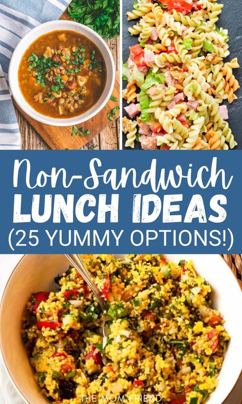 Collage of non-sandwich lunch ideas for adults to take to work or meal prep. Filling Lunches For Work, Healthy Filling Lunches, Lunches For Adults, Lunch Ideas Packed, Simple Lunch Recipes, Lunch Ideas For Adults, Filling Lunches, Easy Lunch Prep, Healthy Cold Lunches