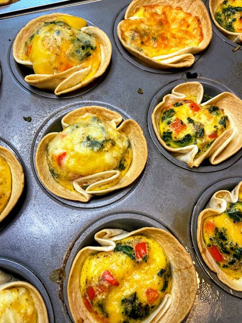 Tortilla Quiche Muffins, Frittatas In Muffin Tins, Baked Eggs In Tortilla, Muffin Tin Omelette Recipes, Egg Muffin Cups Tortilla, Omlet Muffins Recipes, Tortilla Cups Muffin Tins Breakfast, Tortilla Muffin Tin Recipes, Breakfast Burrito Bites Muffin Tin