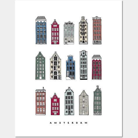 Colorful Amsterdam Houses, Netherlands. Realistic illustration. - Amsterdam - Posters and Art Prints | TeePublic Dutch Houses, Illustration Realistic, Realistic Illustration, Amsterdam Houses, Dutch House, Ink Illustration, Ink Illustrations, Collage Art, Retro Style