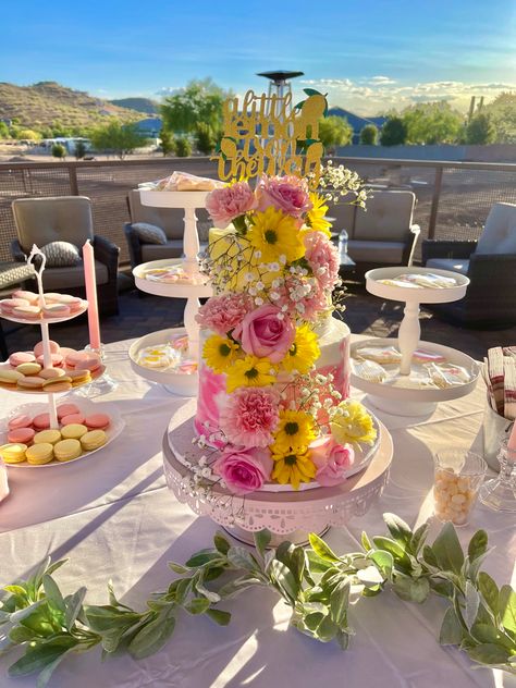 Pink and yellow floral lemon themed baby shower dessert table Pink And Yellow Dessert Table, Yellow And Pink Quinceanera Theme, Lemon And Pink Baby Shower Theme, Pink And Yellow Sweet 16, Pink And Yellow Baby Shower Ideas, Pink And Yellow Birthday Party, Event Moodboard, Yellow Party Decorations, Yellow Desserts