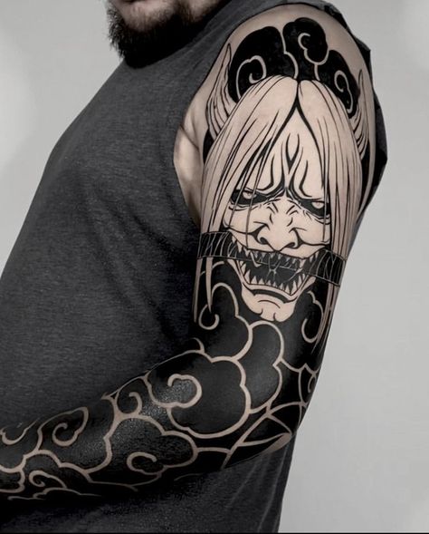 Hannya Maske Tattoo, Tato Irezumi, Hannya Maske, Cloud Tattoo Sleeve, Japanese Mask Tattoo, Black Sleeve Tattoo, Oni Tattoo, Hannya Mask Tattoo, Forearm Band Tattoos