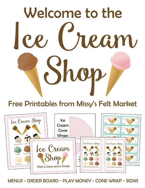 Felt ice cream sandwich, cones, and sundaes with free printables for pretend ice cream shops and play kitchens from Missy's Felt Market Ice Cream Shop Free Printables, Ice Cream Dramatic Play Printables Free, Free Ice Cream Printables, Ice Cream Parlour Role Play, Annerversary Gifts, Kids Grocery Store, Felt Ice Cream, Printable Ice Cream, Summer Kids Party