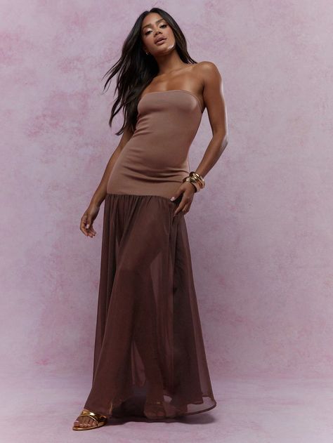 MISSGUIDED Sheer Long Ruffle Hem Jersey Bandeau Maxi DressI discovered amazing products on SHEIN.com, come check them out! Brown Maxi Dress, Brown Maxi Dresses, Outfit References, Bandeau Maxi Dress, Womens Casual Outfits, Wearing Dress, Ruffle Dress, Ruffle Hem, Women Clothing