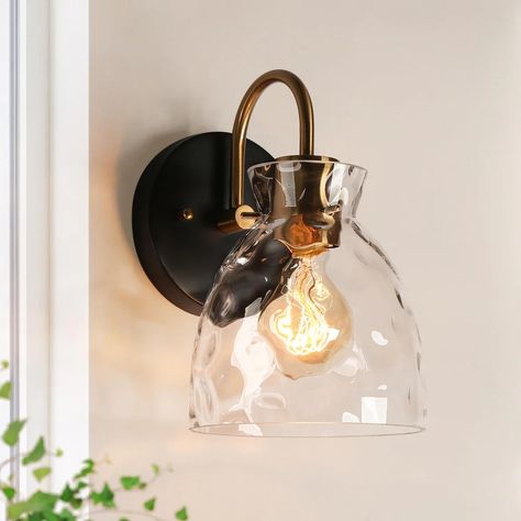 Elisie Modern Transitional 1-1ight Sconce Farmhouse Black Gold Wall Light with Water Glass - 1-light - Bed Bath & Beyond - 37507022 Transitional Bathroom Vanity, Farmhouse Wall Lighting, Farmhouse Wall Sconces, Gold Wall Lights, Sophisticated Bathroom, Cozy Spaces, Transitional Bathroom, Bathroom Sconces, Brass Wall Light