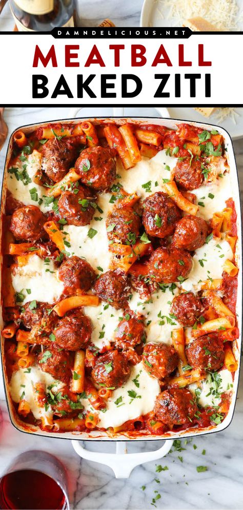 Experience warm comfort food at its best! This simple dinner recipe is a baked pasta dish. Absolutely cheesy and loaded with homemade meatballs, this baked ziti is so good. Save this and try it! Meatball Baked Ziti, Cheesy Baked Ziti, Homemade Meatballs Easy, Hearty Recipes, Meatball Bake, Homemade Meatballs, Dinner Bell, Baked Ziti, Best Comfort Food