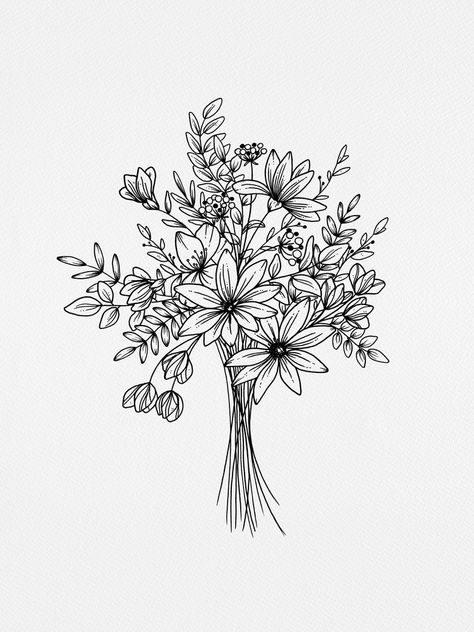 Wildflower Bouquet Art Print by WildBloom Art - X-Small Drawing Hands, Bouquet Line Drawing, Flower Bouquet Drawing, Flower Bouquet Tattoo, Wildflower Drawing, Flores Tattoo, Wildflower Print, Botanical Line Drawing, Bouquet Tattoo