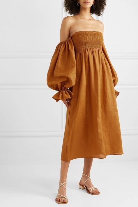 Sleeper Atlanta Off-the-Shoulder Shirred Linen Midi Dress Daily Sleeper, Midi Linen Dress, Dress With Puffy Sleeves, Solid Brown, Linen Midi Dress, Moda Boho, Cute Fall Outfits, Puffy Sleeves, Dress Midi