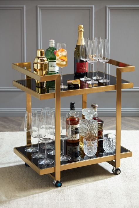 Bar Trolley Styling, Style A Bar Cart, What Is Art Deco, Bar Cart Essentials, Wine Tray, Bar Cart Accessories, Bar Trolley, Glass Bar Cart, Drink Cart