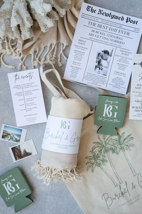 Wedding Favours Destination Weddings, Destination Wedding Goodie Bags, Cabo Wedding Welcome Bags, Destination Welcome Bag Ideas, Beach Welcome Bags, Welcome Bag Destination Wedding, Welcome Bags For Wedding Guests Ideas, Destination Welcome Bags, Mexico Wedding Welcome Bags