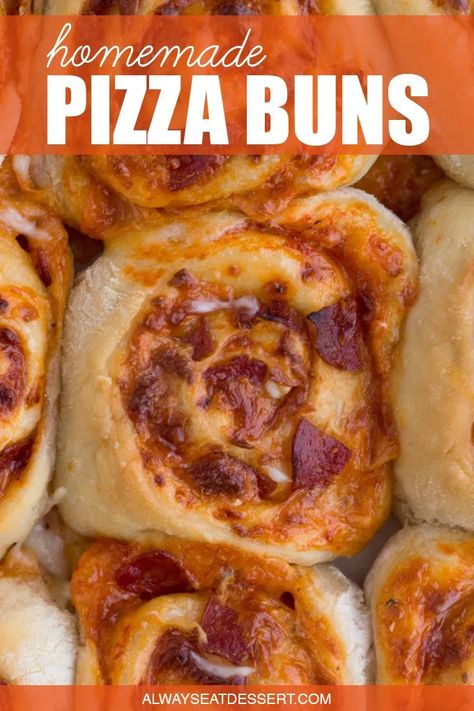 Pizza rolls get a makeover in this recipe for homemade pizza buns baked from scratch. These pizza buns are made with homemade pizza dough that's rolled up, sliced and baked to look like cinnamon buns - except that they're stuffed with pizza sauce, melty cheese, and pepperoni! They make the perfect appetizer (or meal!) for kids of all ages while you're watching the big game... or any time you're craving pizza. #pizzabuns #pizzarolls #homemadepizza Roll Up Pizza, Pizza Buns Recipe, Pizza Buns, Homemade Pizza Rolls, Pizza Roll Recipe, Pizza Roll Up, Baking Buns, Best Homemade Pizza, Buns Recipe