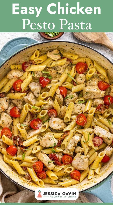 Incredibly delicious and easy-to-make Chicken Pesto Pasta! With tender chunks of juicy chicken, vibrant fresh basil pesto, and perfectly cooked pasta, every bite is a burst of flavor. This family favorite will quickly become a go-to weeknight meal. Pesto Dishes Dinners Healthy, Chicken And Pesto Pasta Recipes, Homemade Pesto Chicken Pasta, Noodles And Company Pesto Cavatappi, Chicken Basil Pesto Pasta, Pesto Ravioli With Chicken, Chicken And Pesto Recipes, Basil Pesto Recipe Meals, Meals With Pesto