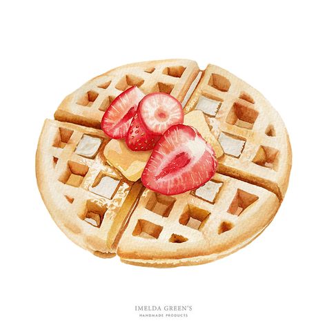 Strawberry waffle with butter | watercolor food illustration Waffle Watercolor, Illustration Breakfast, Salmon Sushi Rolls, Illustration Practice, Highlights Icon, 8x10 Painting, Watercolor Food Illustration, Strawberry Waffles, Food Drawings