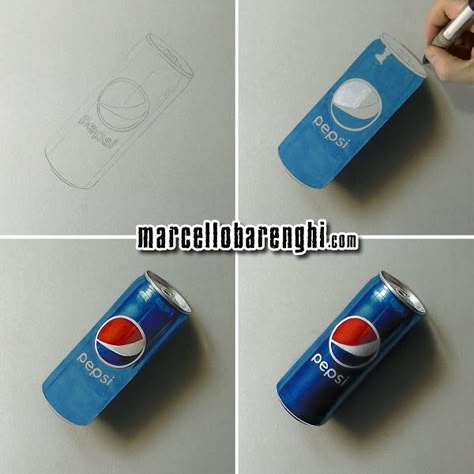 Marcello Barenghi, Pepsi Can, Hyperrealistic Art, Grey Paper, Prismacolor Art, Realistic Pencil Drawings, 3d Art Drawing, Colored Pencil Artwork, Object Drawing