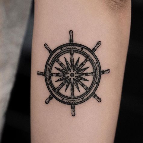 Sea Ship Tattoo, Ship Tattoo Women, Ship Steering Wheel Tattoo, Pirate Tattoo Simple, Steering Wheel Tattoo, Pirate Ship Steering Wheel, Coastal Tattoos, Helm Tattoo, Ship Wheel Tattoo