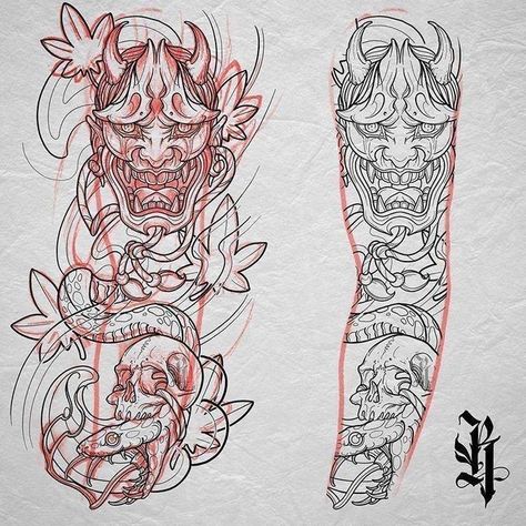 Hannya Maske Tattoo, Snake Sleeve, Traditional Japanese Tattoo Sleeve, Samurai Tattoo Sleeve, Oni Tattoo, Tattoo Japanese Style, 16 Tattoo, Samurai Tattoo Design, Dragon Sleeve Tattoos