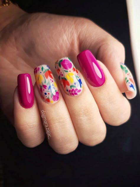 40Cute Easter Nails Perfect For Your Festive Mani2023 Mexican Folk Art Nails, Mexican Pink Nails, Folk Nail Art, Pink Mexican Nails, Mexican Flower Nails, Folk Art Nails, Encanto Nails, Mexican Nails Designs, Mexico Inspired Nails