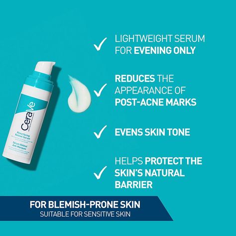 Developed with Dermatologists. Contains 3 Essential Ceramides to help protect the skin's natural barrier. Lightweight formula that works to reduce the appearance of post-acne marks. Gently exfoliates & brightens the skin. Cerave Retinol Serum, Cerave Retinol, Cerave Resurfacing Retinol Serum, Resurfacing Retinol Serum, Cerave Skincare, Post Acne Marks, Skin Resurfacing, Retinol Serum, Minimize Pores