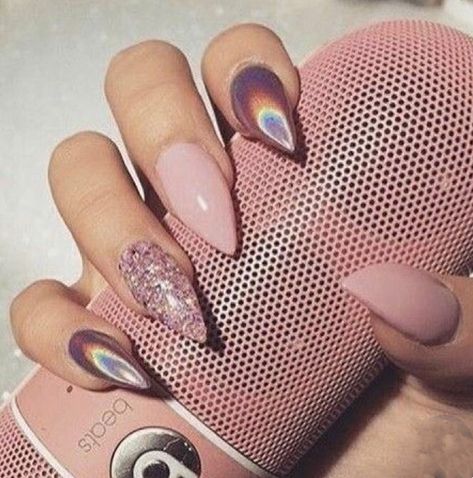 Follow @ peachessbaby ✨ for daily pins Nails Pink Glitter, Nail Options, Nails Holographic, Bday Stuff, Acrylic Overlay, Pink Glitter Nails, Perfect Manicure, Edgy Nails, Almond Nails Designs