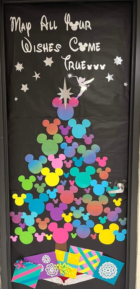 Happy Holidays Door Decorations For School, Mickey Christmas Door Decor For School, Disney Theme Classroom Door Ideas, Elf Surveillance Door Decoration, Mickey Christmas Door Decorations, Disney Christmas Classroom Doors, Christmas Theme Board Ideas, Snowmen Classroom Door Ideas, Disney Christmas Hallway Decorations