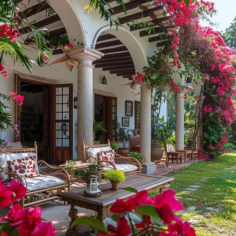 Ranchero Style House, Rancho House Mexico, Spanish Colonial Homes Floor Plans, Mexico House Ideas Interiors, Hispanic House Aesthetic, Spanish Porch, Hacienda Style Homes Mexican Exterior, Small Hacienda Style Homes, Spanish Patio Ideas